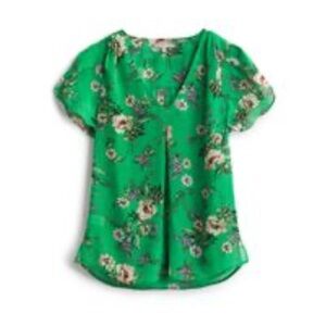 Serein Green Floral Short Sleeve Split Neck Blouse Womens XXL